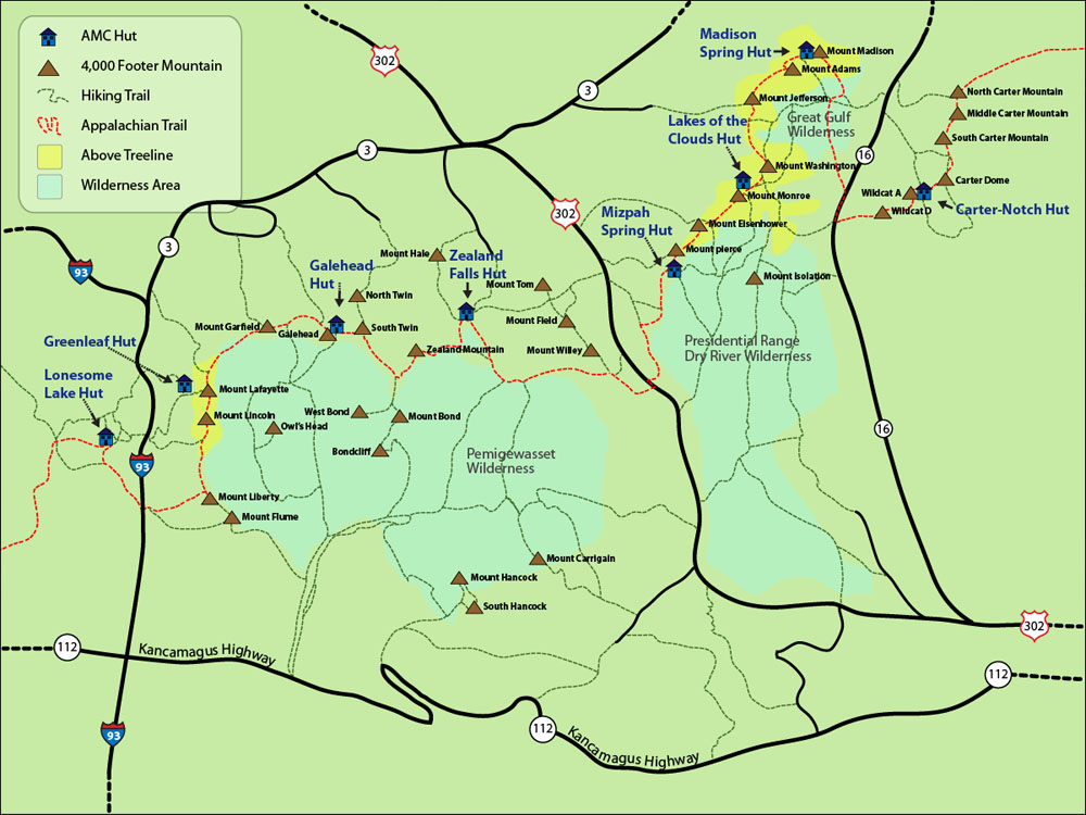 8 High Huts of the White Mountains Map - Lonesome Lake Hut, Greenleaf Hut, Galehead Hut, Zealand Falls Hut, Mizpah Spring Hut, Lakes of the Clouds Hut, Madison Spring Hut, Carter Notch Hut